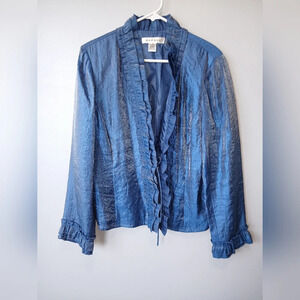 Rafael womens 14 blue iridescent ruffle sleeve jacket shimmery concert venue